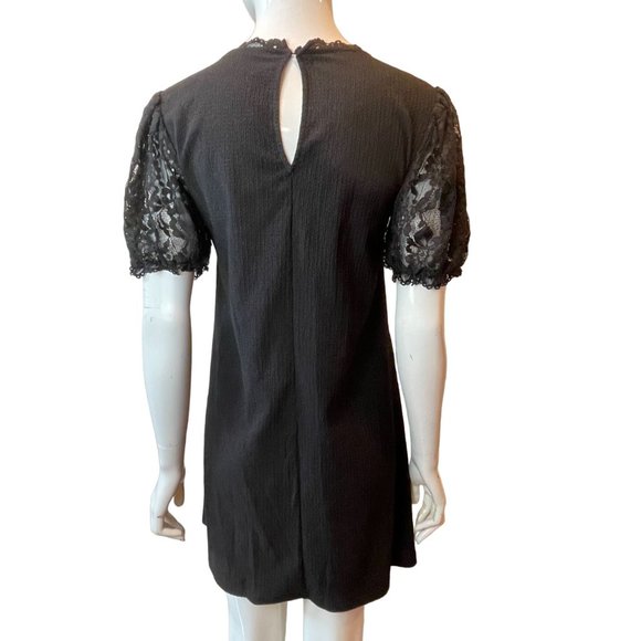 Zara Womens Floral Lace Shift Dress Puff Sleeve Waffle Knit Back Keyhole Black S - Picture 2 of 6